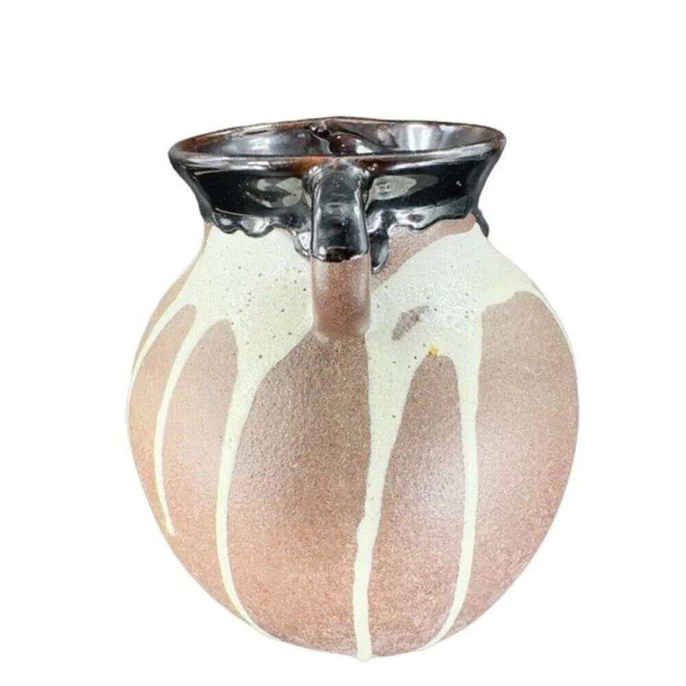 W Germany Pottery‎ Lava Glaze Vase Vessel Brown Drip Glaze RedWare With Handles